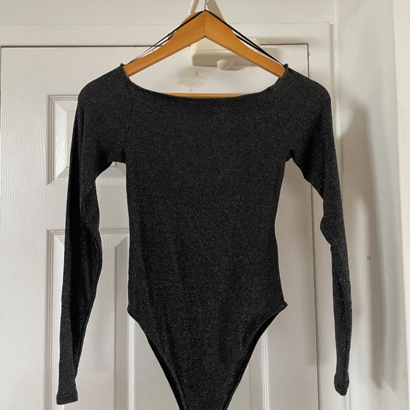 H&M Divided Boat Neck Black Silver Glitter Body Suit Long Sleeve Size Small - Picture 2 of 5